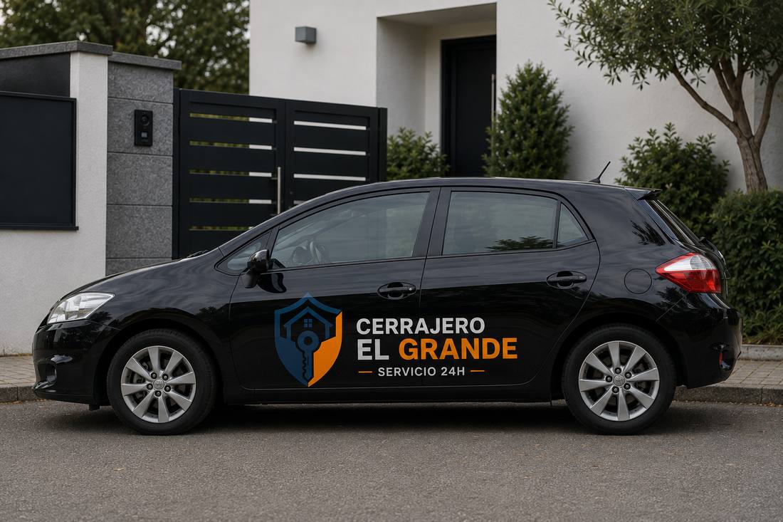 Vehículo identificado de Cerrajero El Grande con el logo y 'Servicio 24h' en la puerta